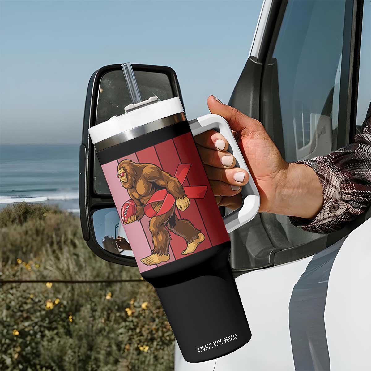 Funny Bigfoot Football HIV Awareness Tumbler With Handle Red Ribbon Retro Vintage Style Gift TS12 Print Your Wear