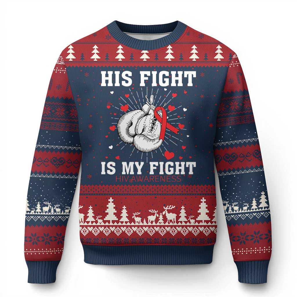 His Fight Is My Fight HIV Warrior Ugly Christmas Sweater Red Ribbon Boxing Gift TS12 Navy Red Print Your Wear