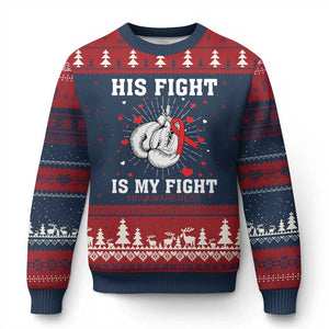 His Fight Is My Fight HIV Warrior Ugly Christmas Sweater Red Ribbon Boxing Gift TS12 Navy Red Print Your Wear