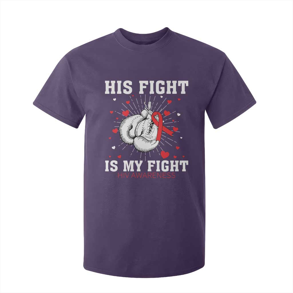 His Fight Is My Fight HIV Warrior T Shirt For Kid Red Ribbon Boxing Gift TS12 Purple Print Your Wear