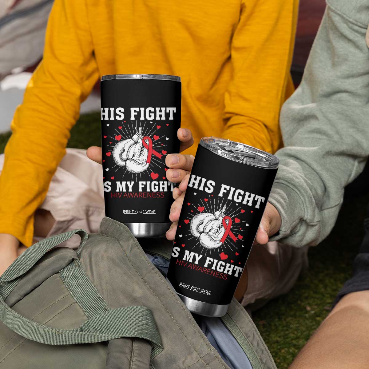 His Fight My Fight HIV Warrior Tumbler Cup Red Ribbon Boxing Gift TS12 Print Your Wear