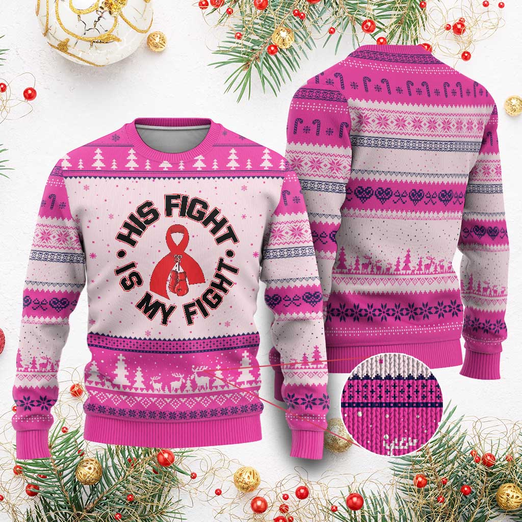 HIV Warrior His Fight Is My Fight Ugly Christmas Sweater Red Ribbon Boxing Gift TS12 Hot Pink Print Your Wear