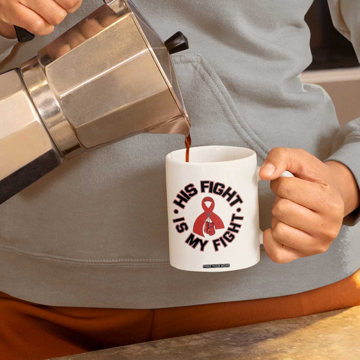 HIV Warrior His Fight Is My Fight Coffee Mug Red Ribbon Boxing Gift TS12 Print Your Wear