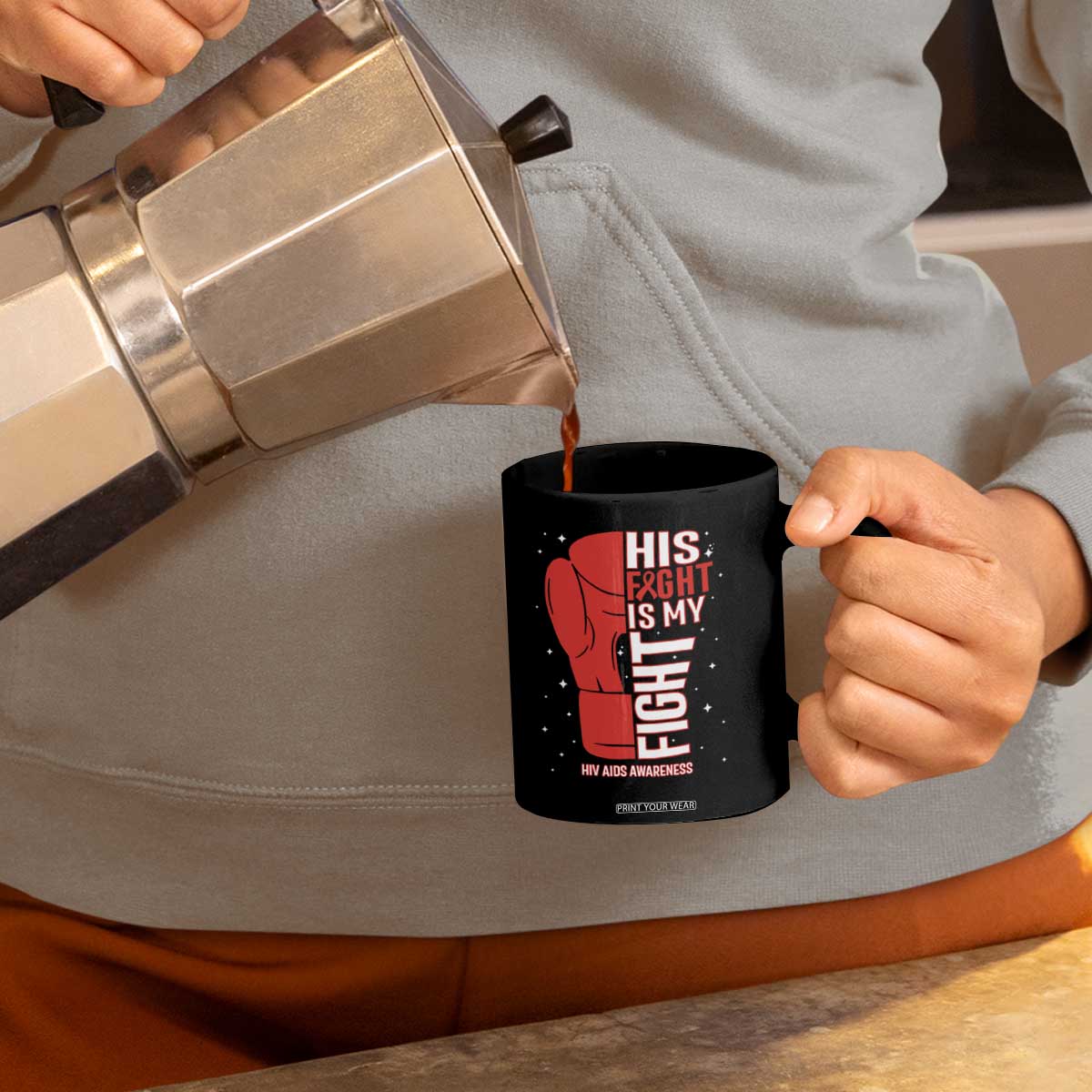 His Fight Is My Fight Coffee Mug Red Ribbon HIV Awareness Boxing Gift TS12 Print Your Wear