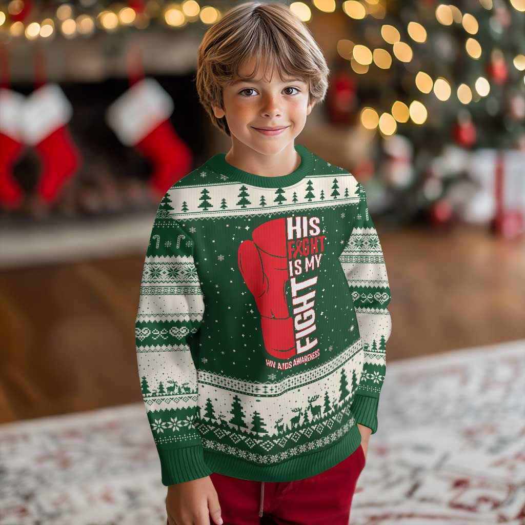 His Fight Is My Fight Ugly Christmas Sweater Red Ribbon HIV Awareness Boxing Gift TS12 Forest Green Beige Print Your Wear