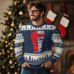 His Fight Is My Fight Ugly Christmas Sweater Red Ribbon HIV Awareness Boxing Gift TS12 Navy Beige Print Your Wear
