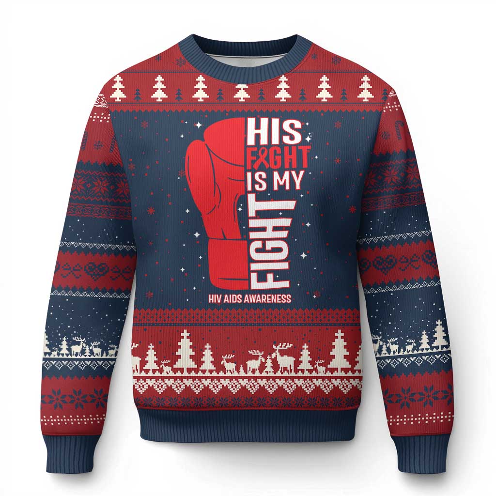 His Fight Is My Fight Ugly Christmas Sweater Red Ribbon HIV Awareness Boxing Gift TS12 Navy Red Print Your Wear