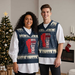 His Fight Is My Fight V-Neck Knit Sweater Vest Red Ribbon HIV Awareness Boxing Gift TS12 Navy Beige Print Your Wear