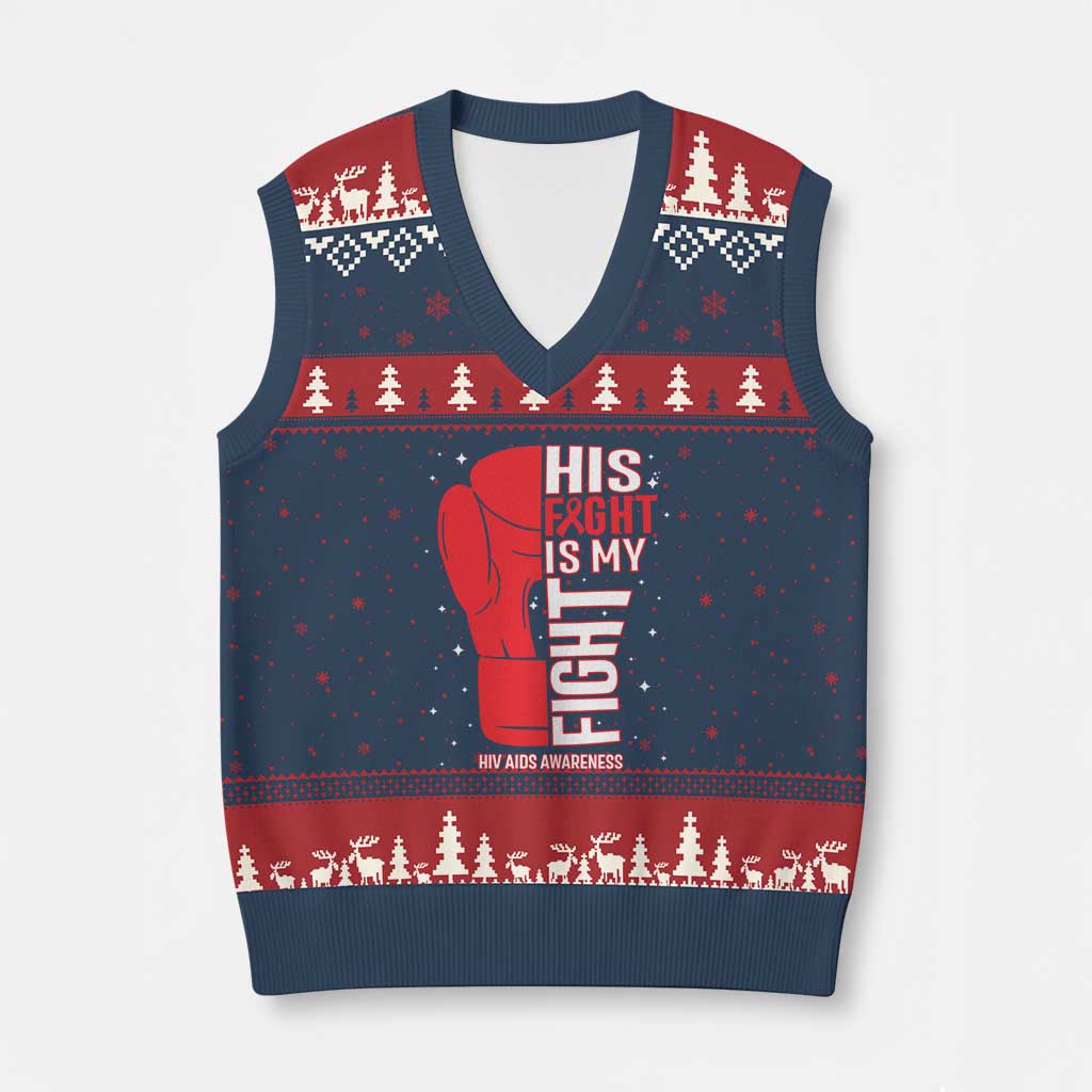 His Fight Is My Fight V-Neck Knit Sweater Vest Red Ribbon HIV Awareness Boxing Gift TS12 Navy Red Print Your Wear