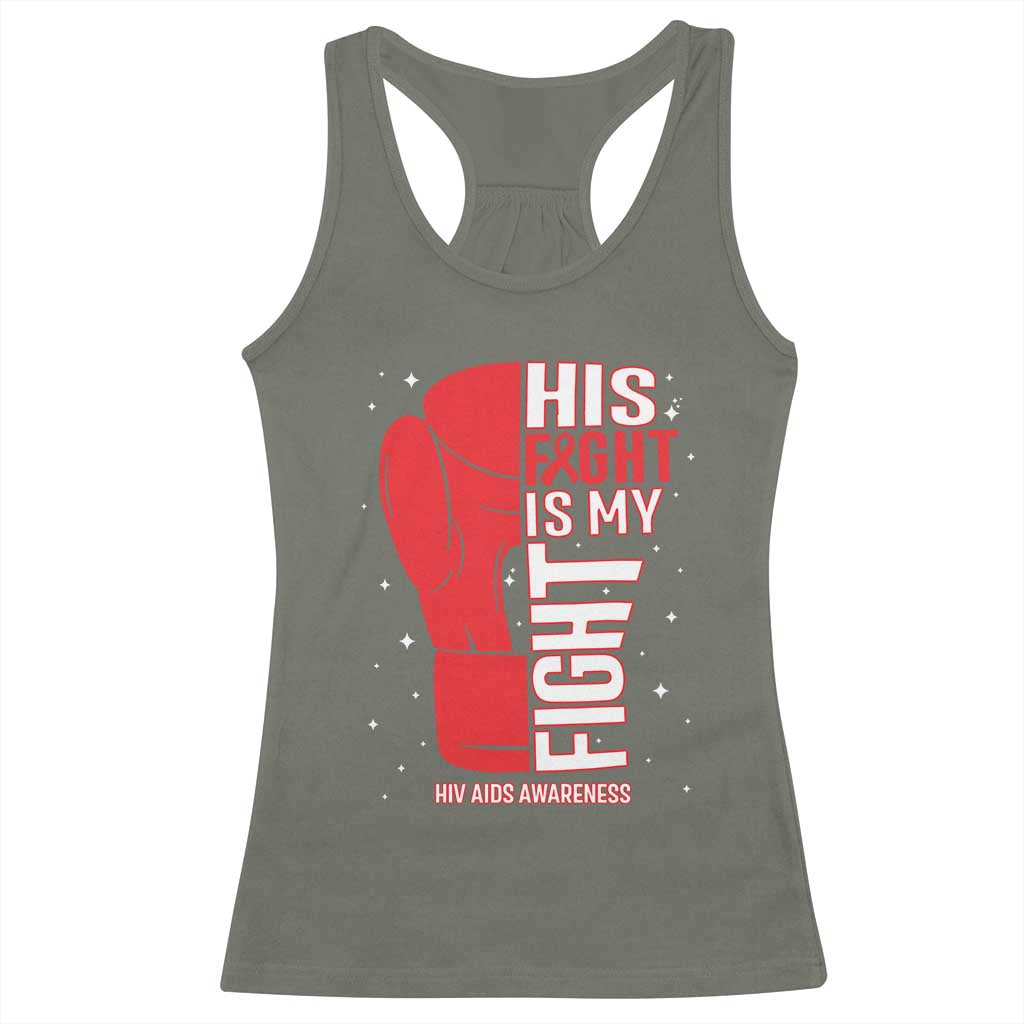 His Fight Is My Fight Racerback Tank Top Red Ribbon HIV Awareness Boxing Gift - Print Your Wear