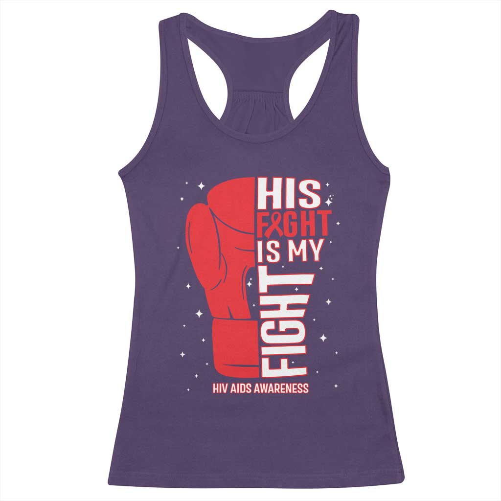 His Fight Is My Fight Racerback Tank Top Red Ribbon HIV Awareness Boxing Gift - Print Your Wear
