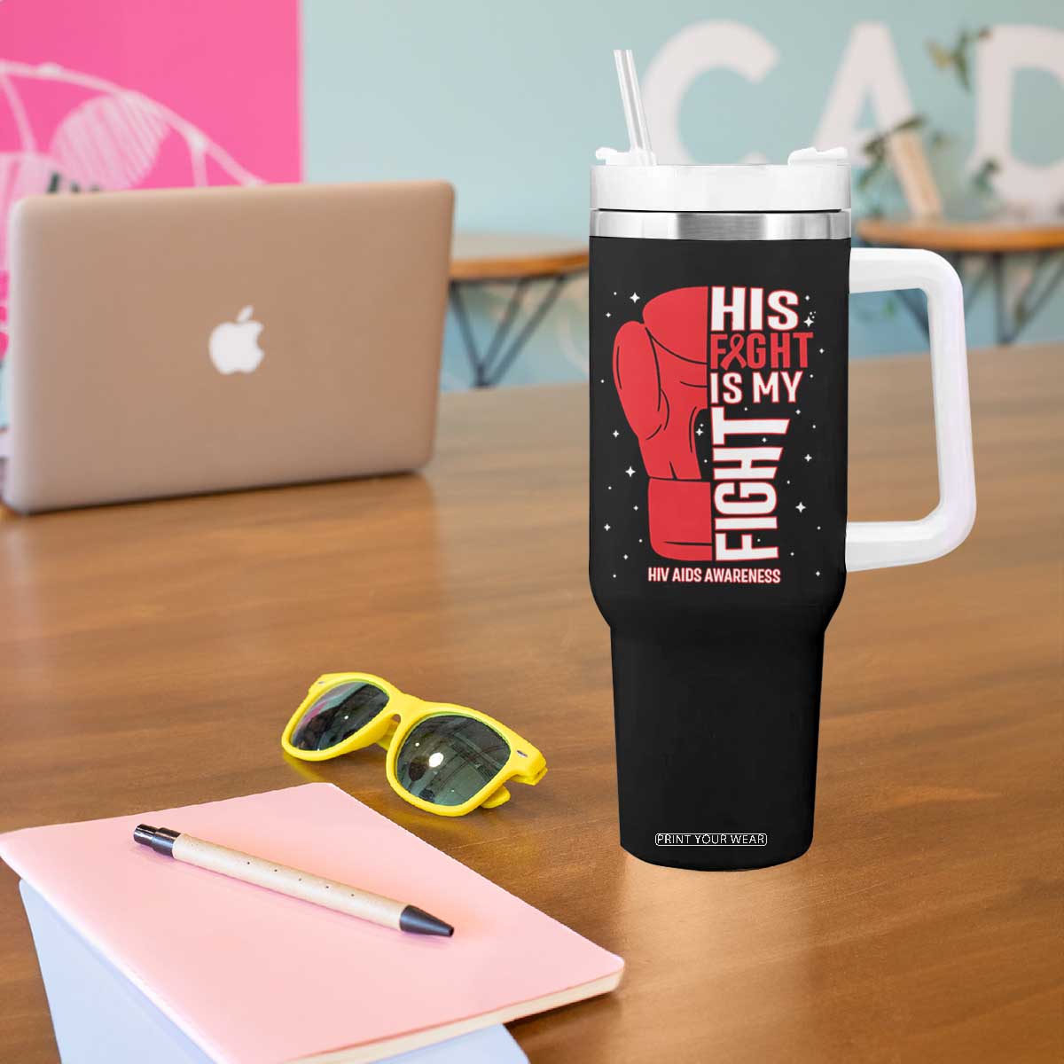 His Fight Is My Fight Tumbler With Handle Red Ribbon HIV Awareness Boxing Gift TS12 Print Your Wear