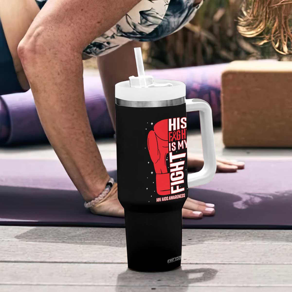 His Fight Is My Fight Tumbler With Handle Red Ribbon HIV Awareness Boxing Gift TS12 Print Your Wear