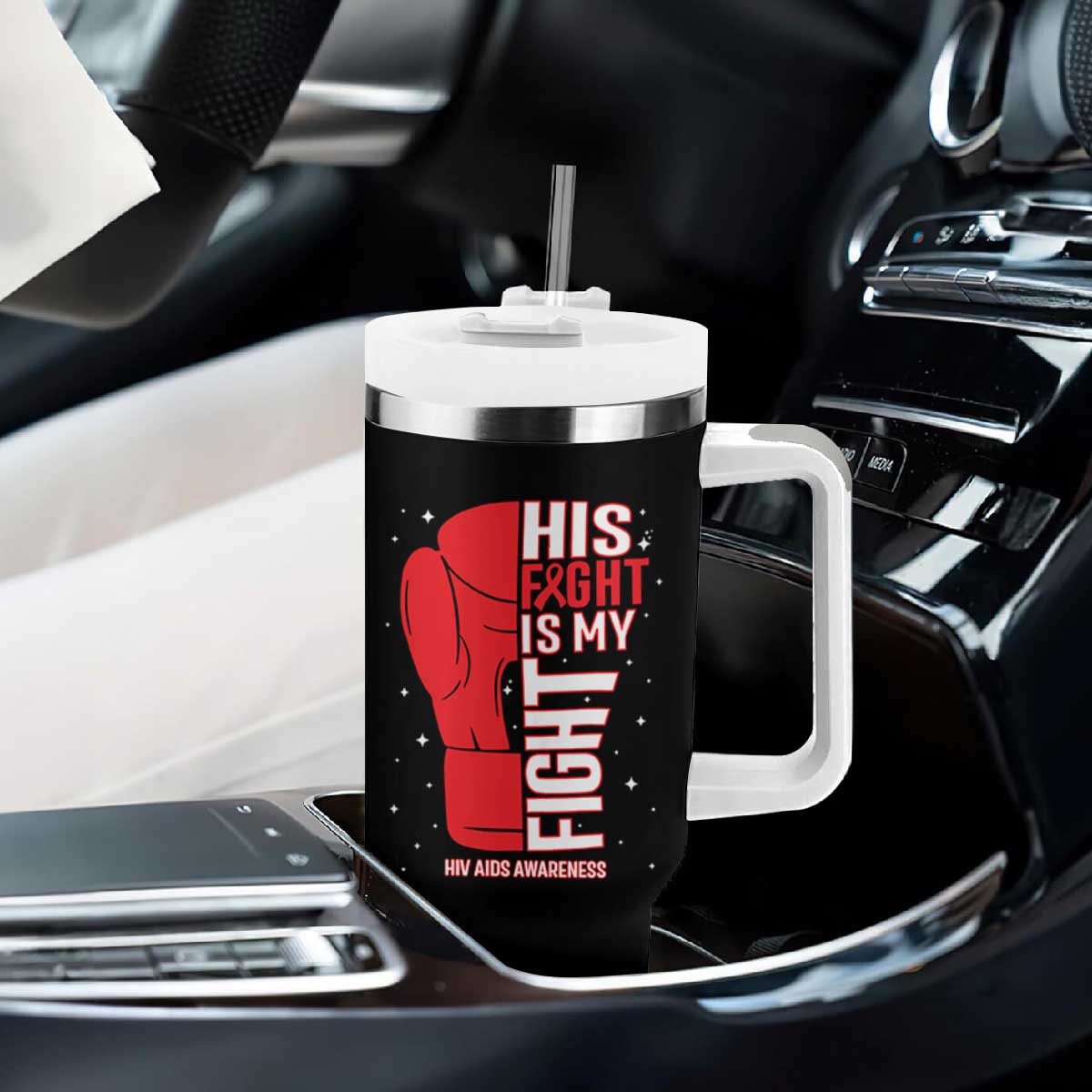 His Fight Is My Fight Tumbler With Handle Red Ribbon HIV Awareness Boxing Gift TS12 Print Your Wear