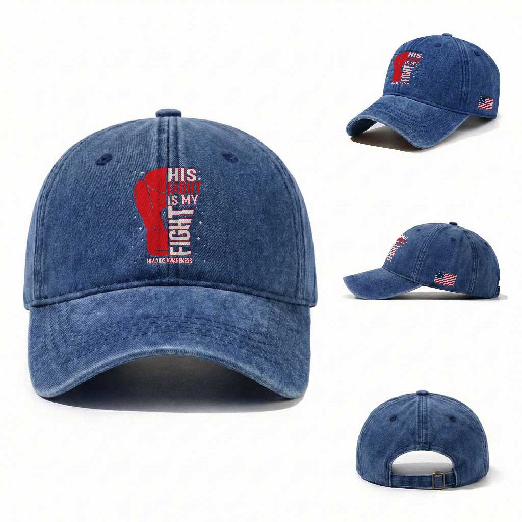 His Fight Is My Fight Washed Cotton Baseball Cap Red Ribbon HIV Awareness Boxing Gift TS12 Washed Cap Universal Fit Royal Blue Print Your Wear