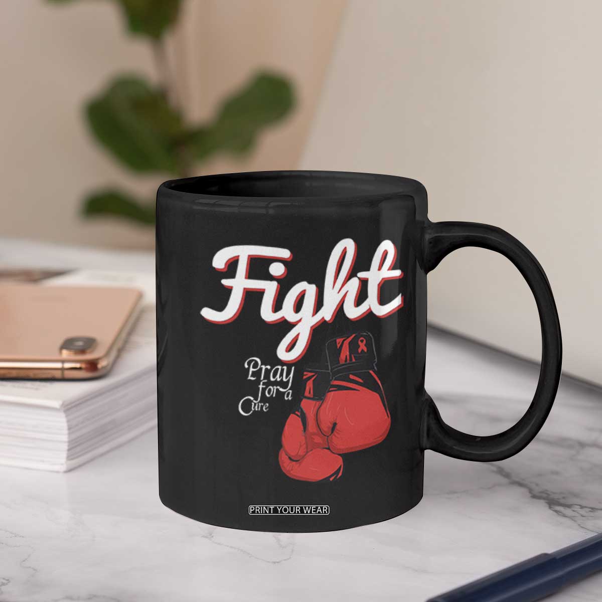 Fight Pray For A Cure Coffee Mug Red Ribbon HIV Awareness Boxing Gift TS12 Print Your Wear