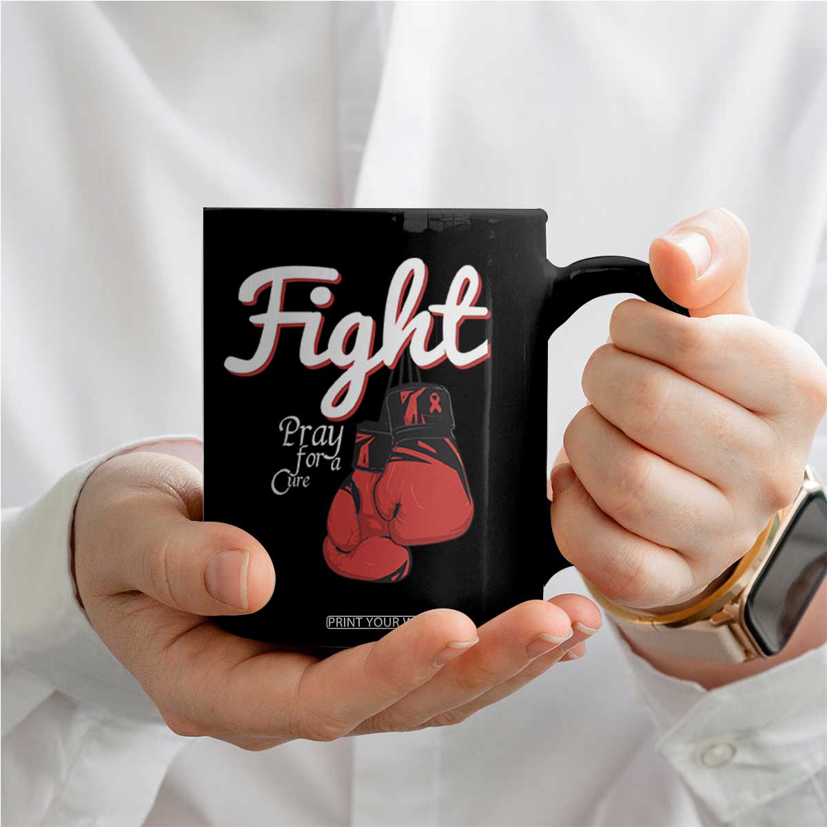 Fight Pray For A Cure Coffee Mug Red Ribbon HIV Awareness Boxing Gift TS12 Print Your Wear