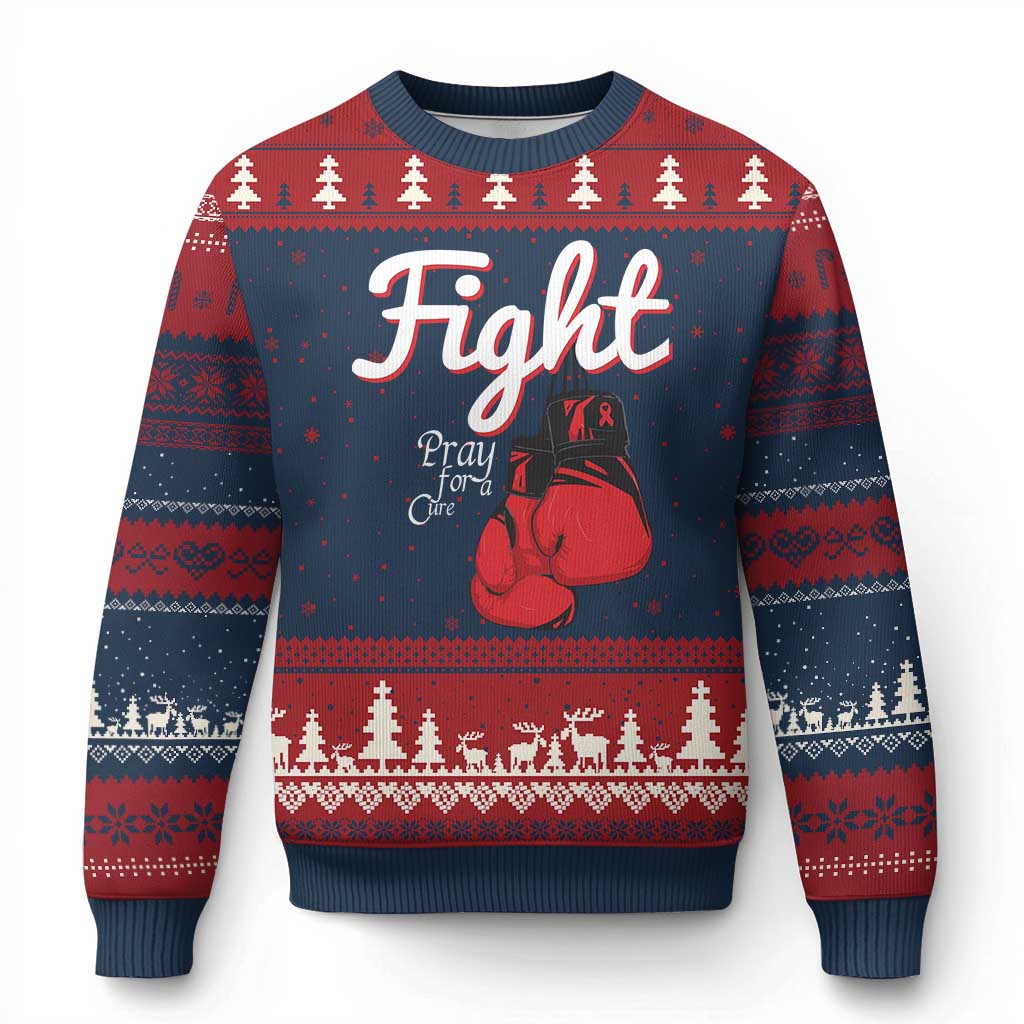 Fight Pray For A Cure Ugly Christmas Sweater Red Ribbon HIV Awareness Boxing Gift TS12 Navy Red Print Your Wear