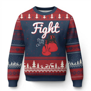Fight Pray For A Cure Ugly Christmas Sweater Red Ribbon HIV Awareness Boxing Gift TS12 Navy Red Print Your Wear