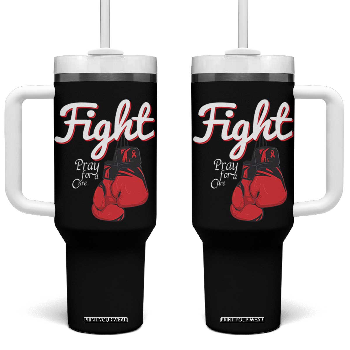 Fight Pray For A Cure Tumbler With Handle Red Ribbon HIV Awareness Boxing Gift TS12 One Size: 40 oz Black Print Your Wear