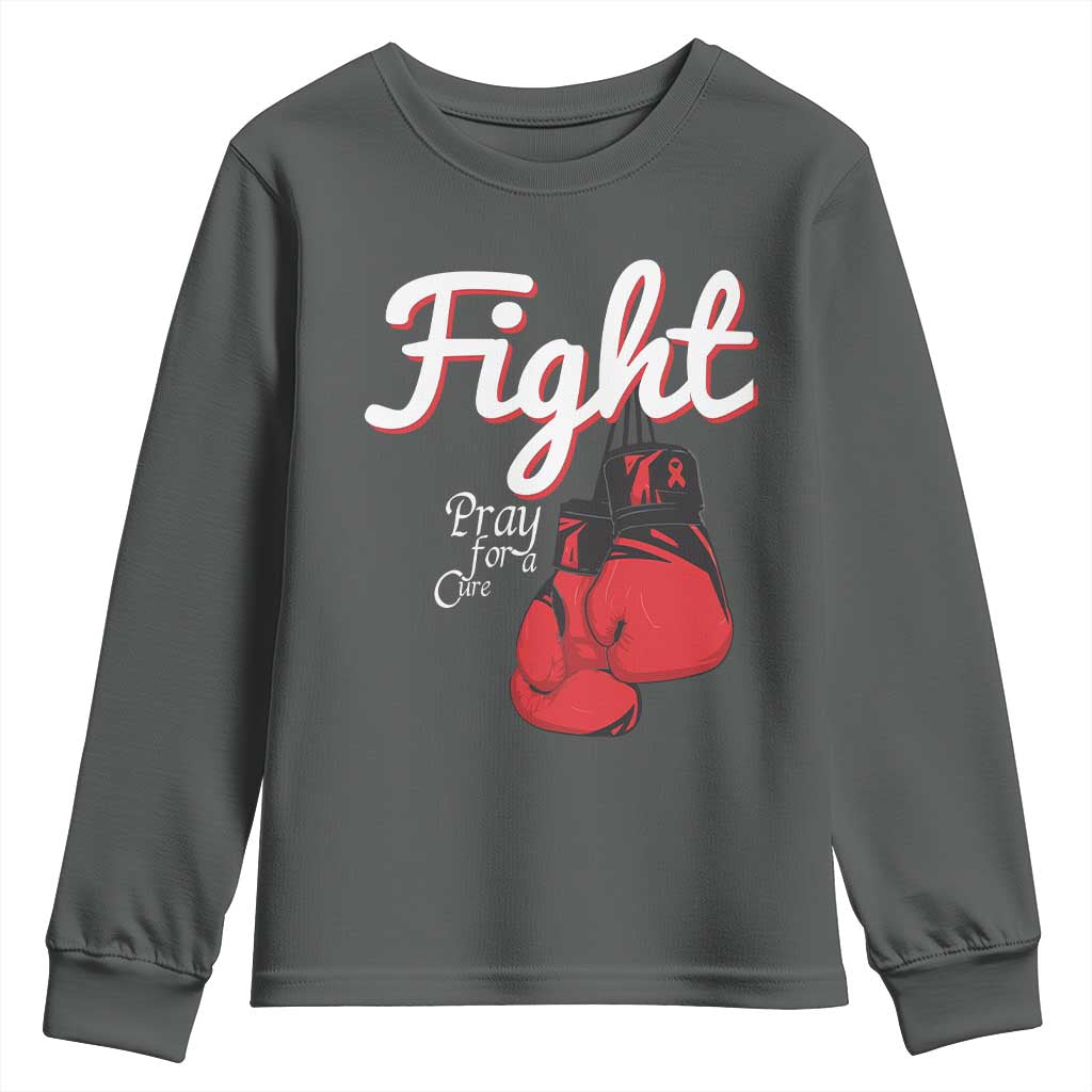 Fight Pray For A Cure Youth Sweatshirt Red Ribbon HIV Awareness Boxing Gift TS12 Dark Heather Print Your Wear
