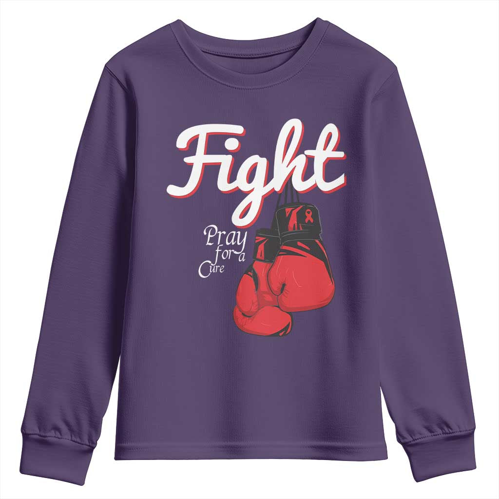 Fight Pray For A Cure Youth Sweatshirt Red Ribbon HIV Awareness Boxing Gift TS12 Purple Print Your Wear