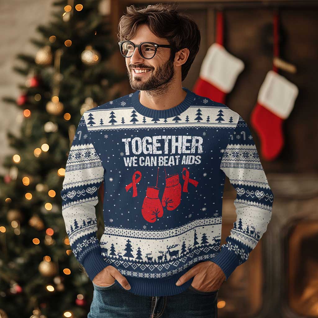 Together We Can Beat AIDS Ugly Christmas Sweater Boxing HIV Awareness Gift TS12 Navy Beige Print Your Wear