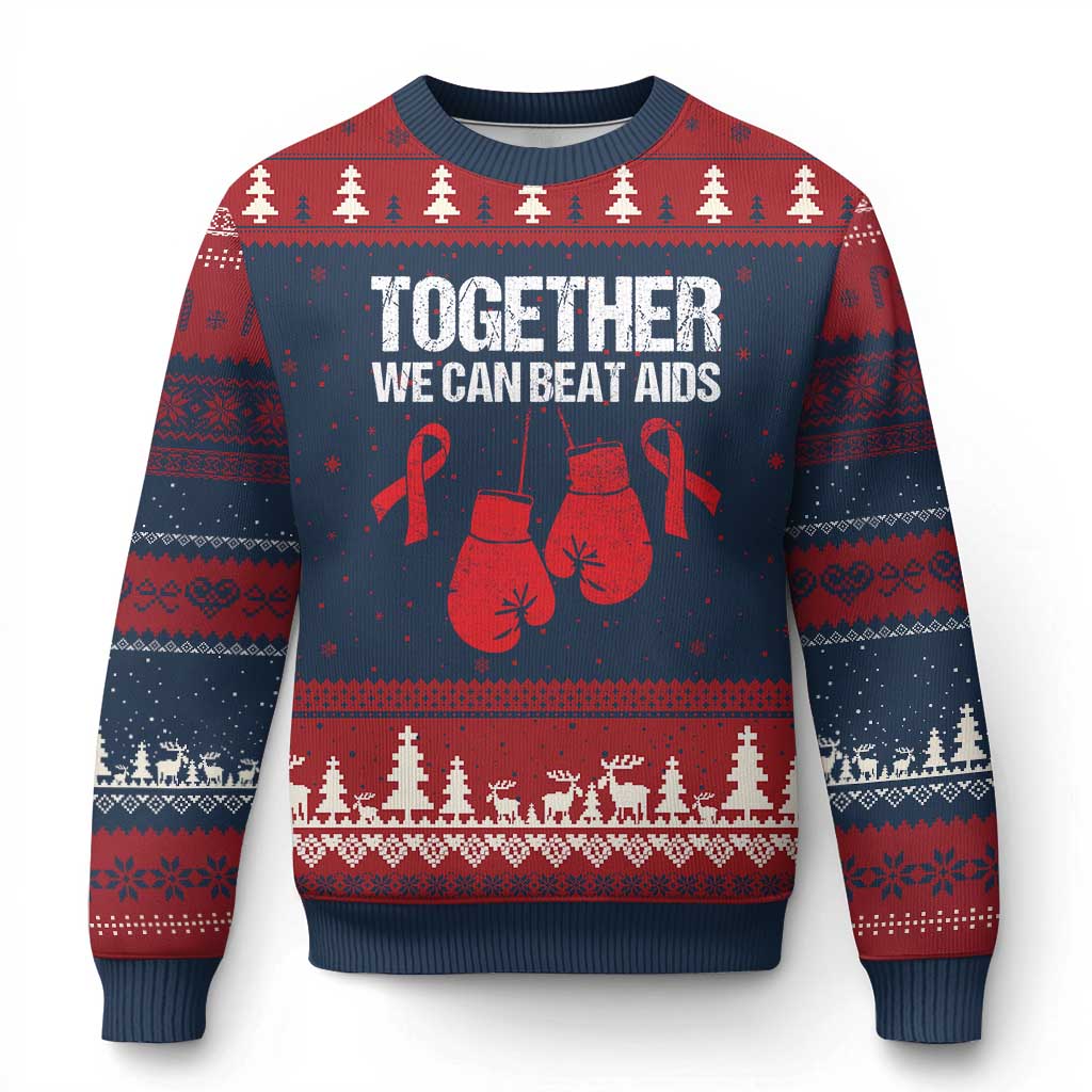Together We Can Beat AIDS Ugly Christmas Sweater Boxing HIV Awareness Gift TS12 Navy Red Print Your Wear