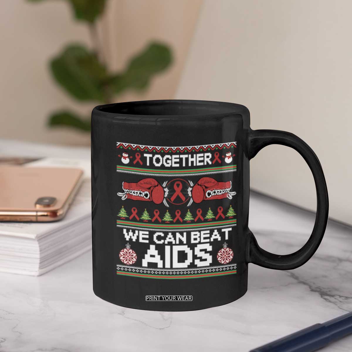 Together We Can Beat AIDS Coffee Mug HIV Awareness Boxing Ugly Sweater Gift TS12 Print Your Wear