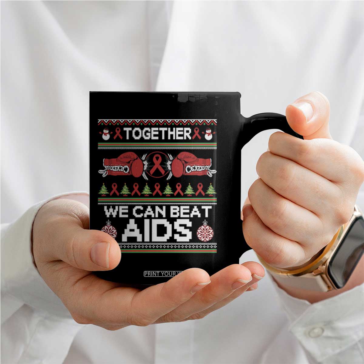 Together We Can Beat AIDS Coffee Mug HIV Awareness Boxing Ugly Sweater Gift TS12 Print Your Wear
