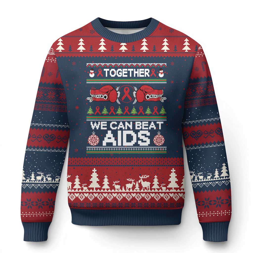 Together We Can Beat AIDS Ugly Christmas Sweater HIV Awareness Boxing Ugly Sweater Gift TS12 Navy Red Print Your Wear