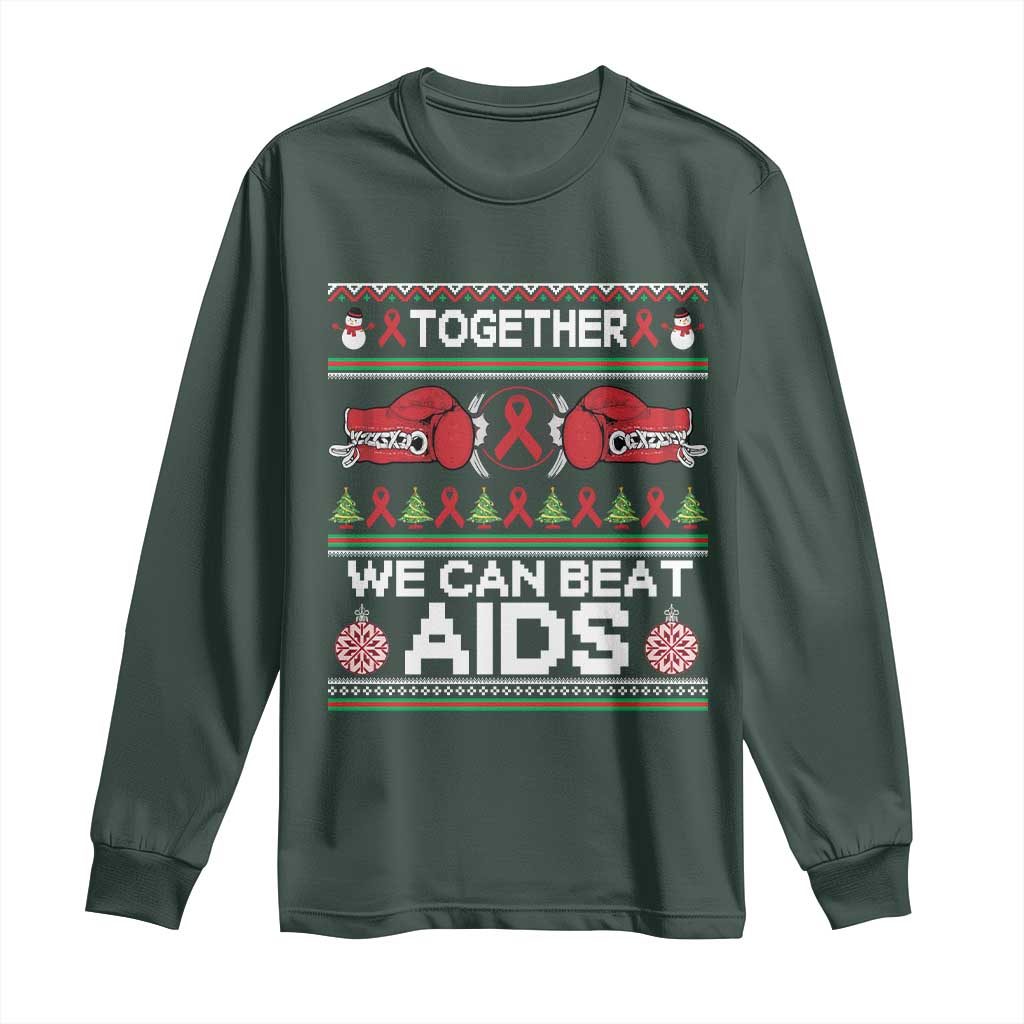 Together We Can Beat AIDS Long Sleeve Shirt HIV Awareness Boxing Ugly Sweater Gift TS12 Dark Forest Green Print Your Wear