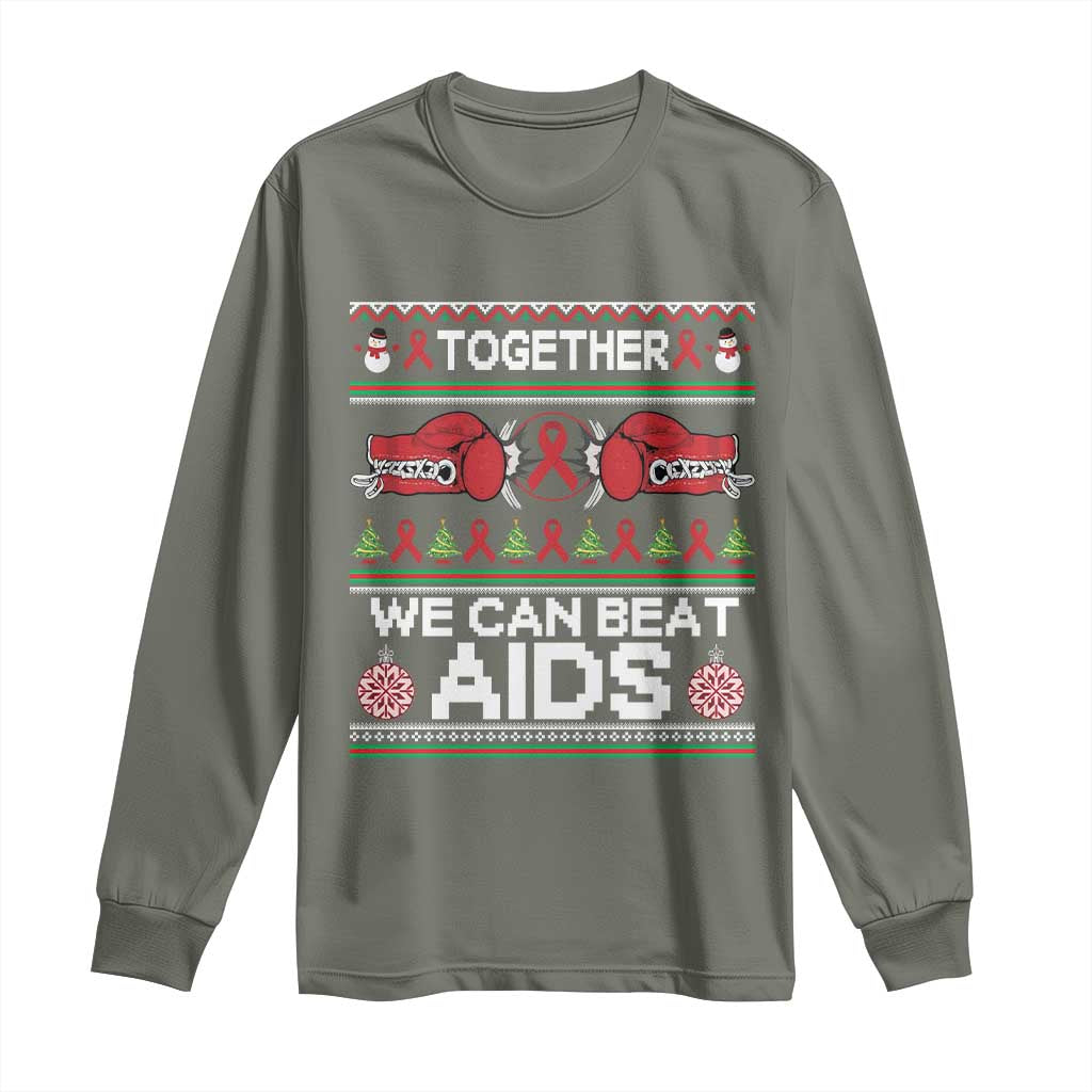 Together We Can Beat AIDS Long Sleeve Shirt HIV Awareness Boxing Ugly Sweater Gift TS12 Military Green Print Your Wear
