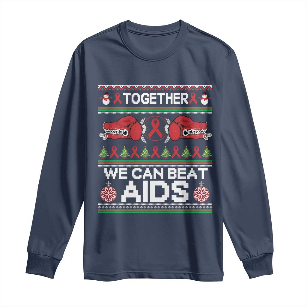 Together We Can Beat AIDS Long Sleeve Shirt HIV Awareness Boxing Ugly Sweater Gift TS12 Navy Print Your Wear