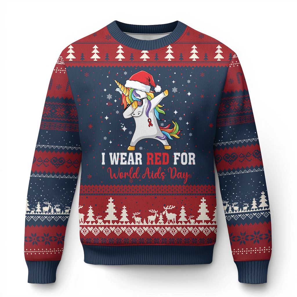 I Wear Red For World AIDS Day Ugly Christmas Sweater Santa Unicorn Dabbing Xmas Gift TS12 Navy Red Print Your Wear