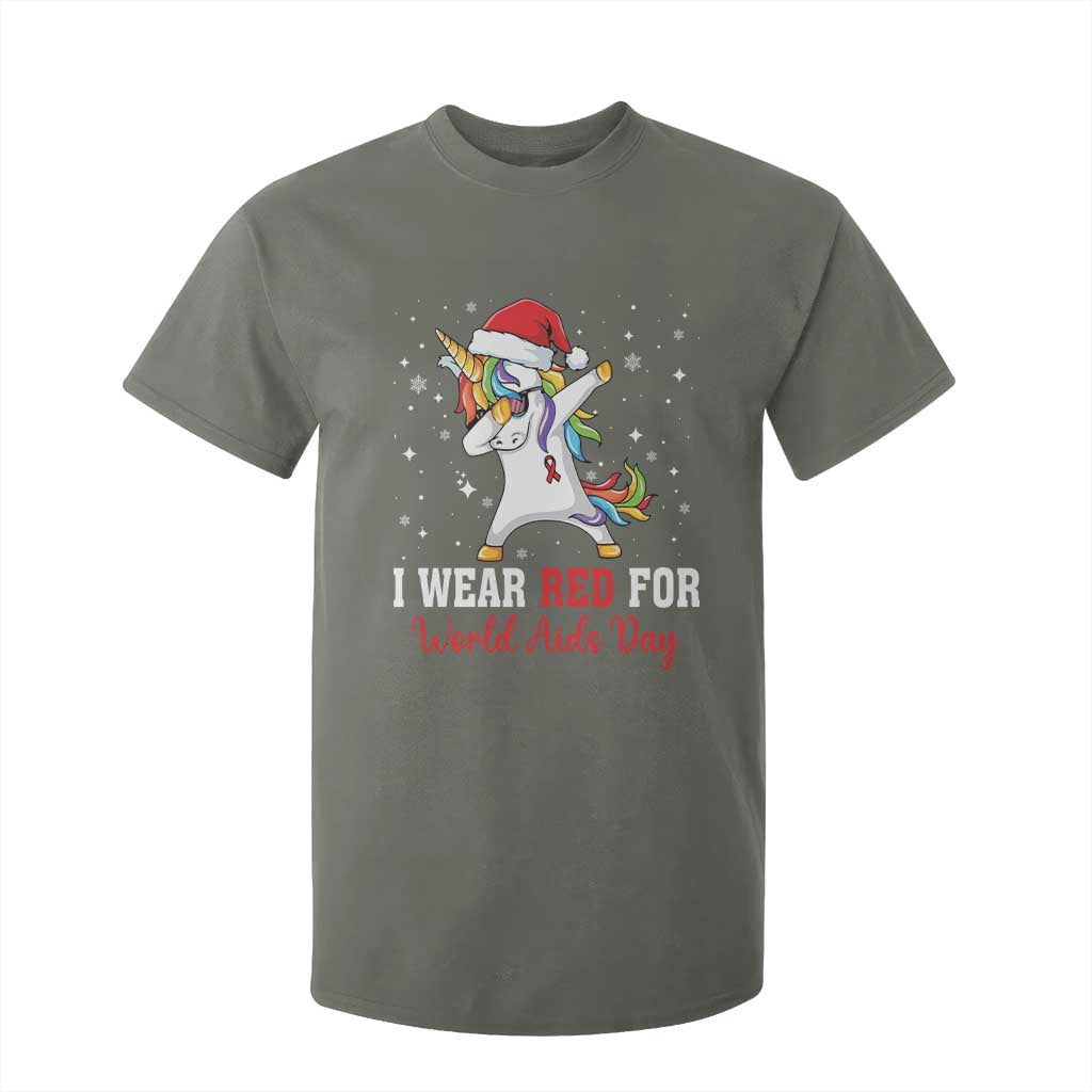 I Wear Red For World AIDS Day T Shirt For Kid Santa Unicorn Dabbing Christmas Gift TS12 Military Green Print Your Wear
