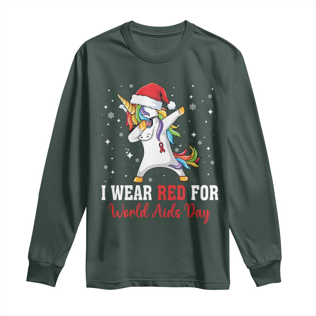 I Wear Red For World AIDS Day Long Sleeve Shirt Santa Unicorn Dabbing Christmas Gift TS12 Dark Forest Green Print Your Wear