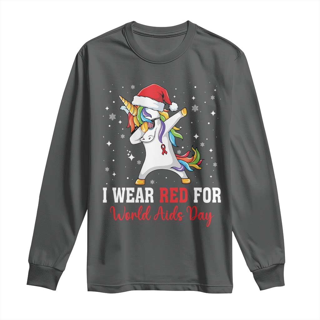 I Wear Red For World AIDS Day Long Sleeve Shirt Santa Unicorn Dabbing Christmas Gift TS12 Dark Heather Print Your Wear