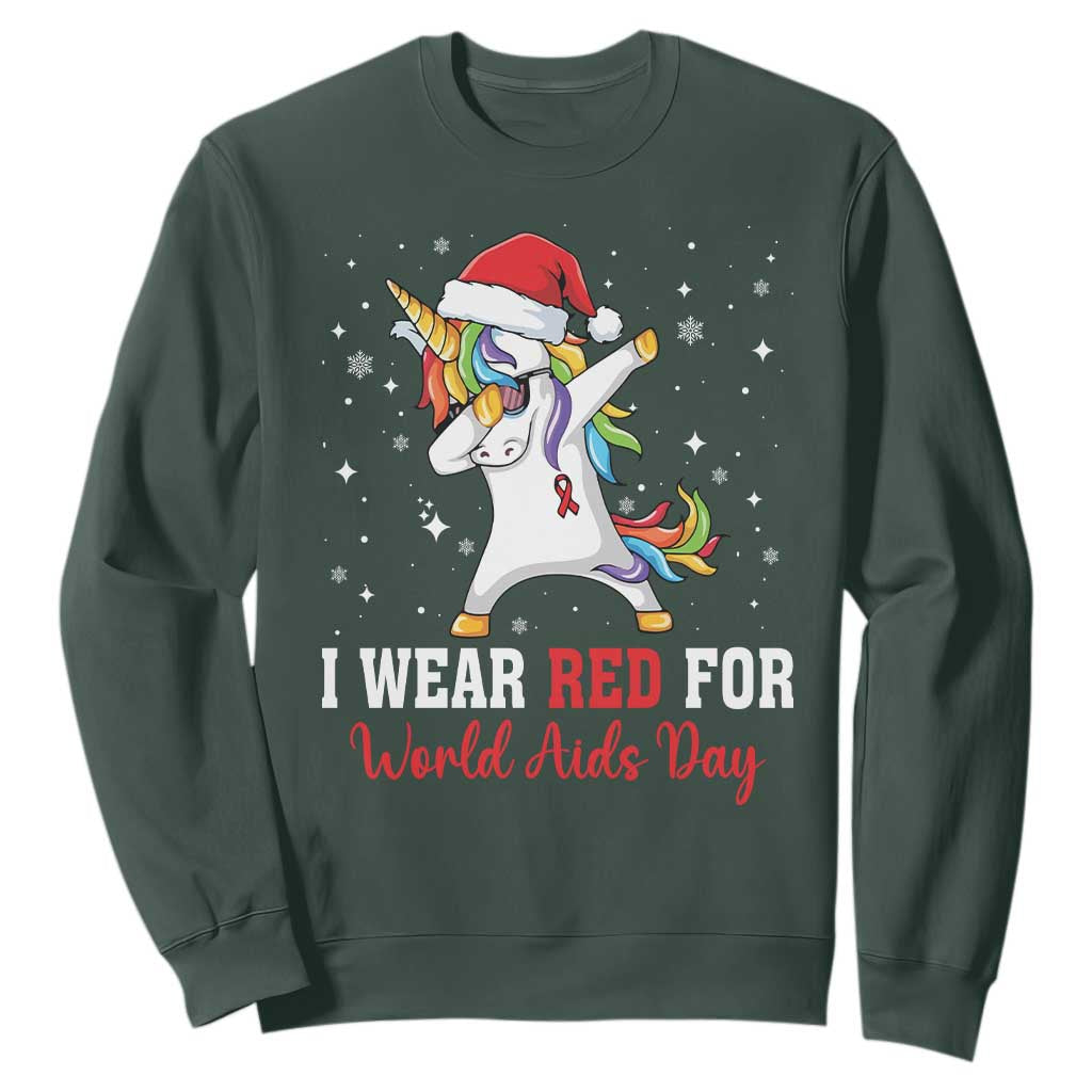 I Wear Red For World AIDS Day Sweatshirt Santa Unicorn Dabbing Christmas Gift TS12 Dark Forest Green Print Your Wear