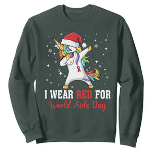 I Wear Red For World AIDS Day Sweatshirt Santa Unicorn Dabbing Christmas Gift TS12 Dark Forest Green Print Your Wear