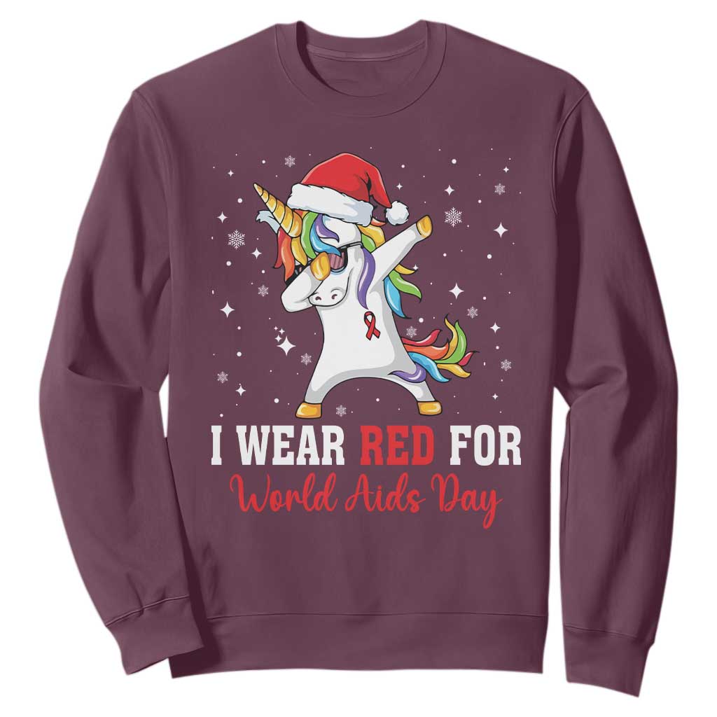 I Wear Red For World AIDS Day Sweatshirt Santa Unicorn Dabbing Christmas Gift TS12 Maroon Print Your Wear