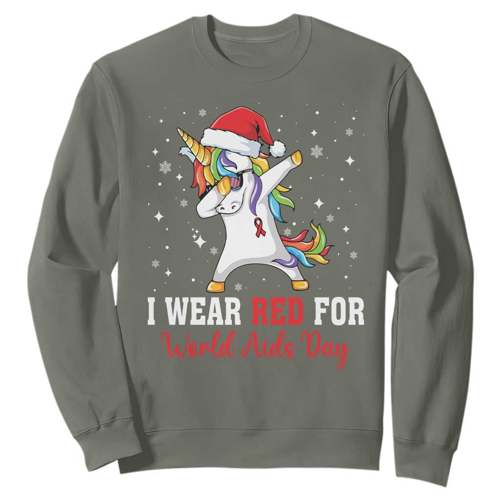 I Wear Red For World AIDS Day Sweatshirt Santa Unicorn Dabbing Christmas Gift TS12 Military Green Print Your Wear