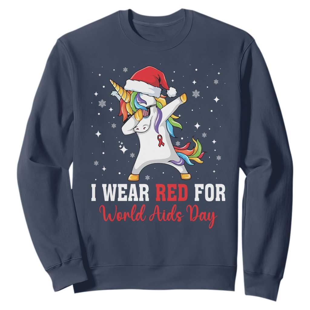 I Wear Red For World AIDS Day Sweatshirt Santa Unicorn Dabbing Christmas Gift TS12 Navy Print Your Wear