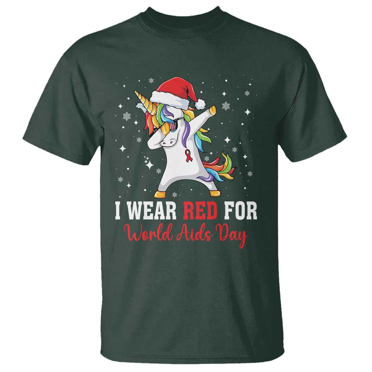 I Wear Red For World AIDS Day T Shirt Santa Unicorn Dabbing Christmas Gift TS12 Dark Forest Green Print Your Wear