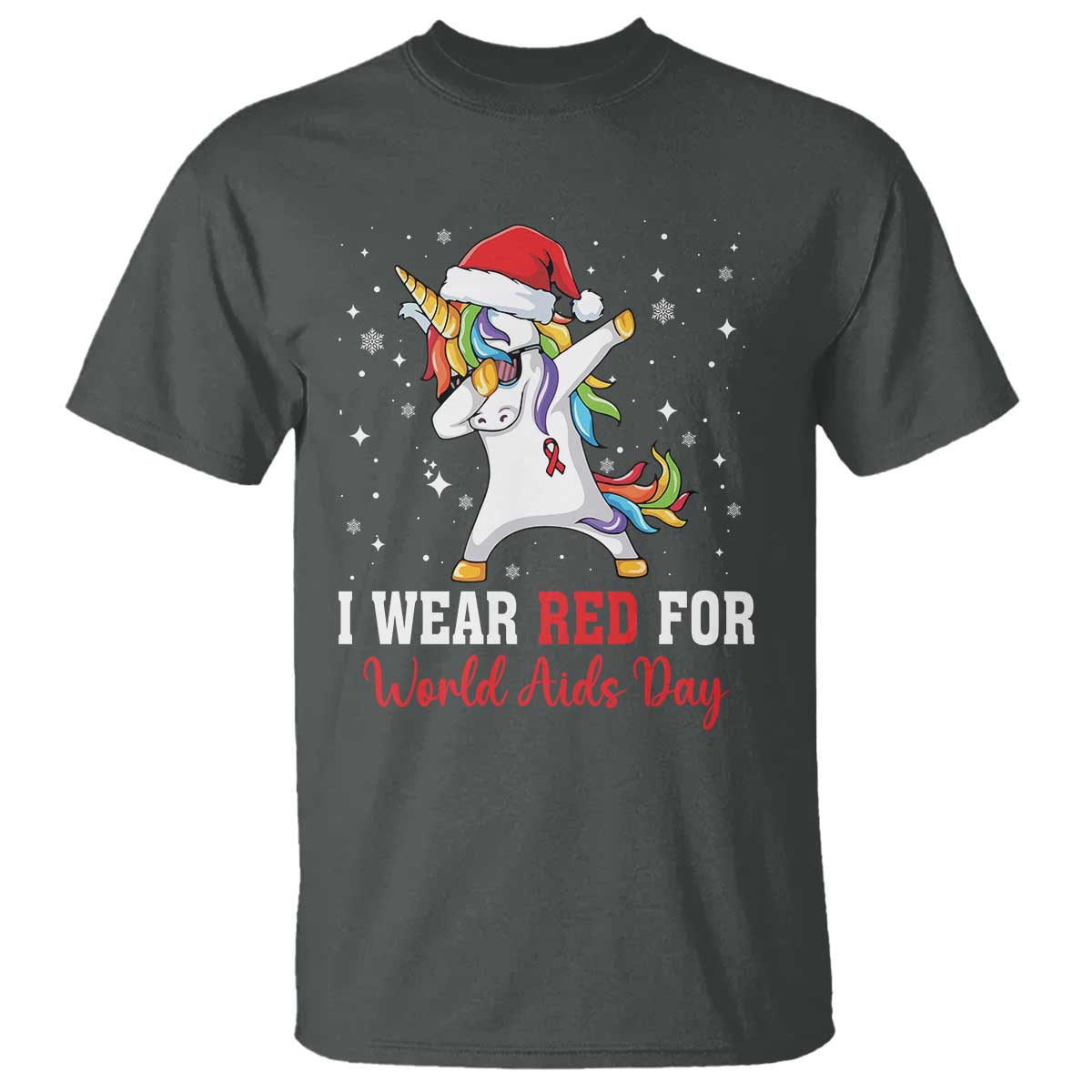 I Wear Red For World AIDS Day T Shirt Santa Unicorn Dabbing Christmas Gift TS12 Dark Heather Print Your Wear
