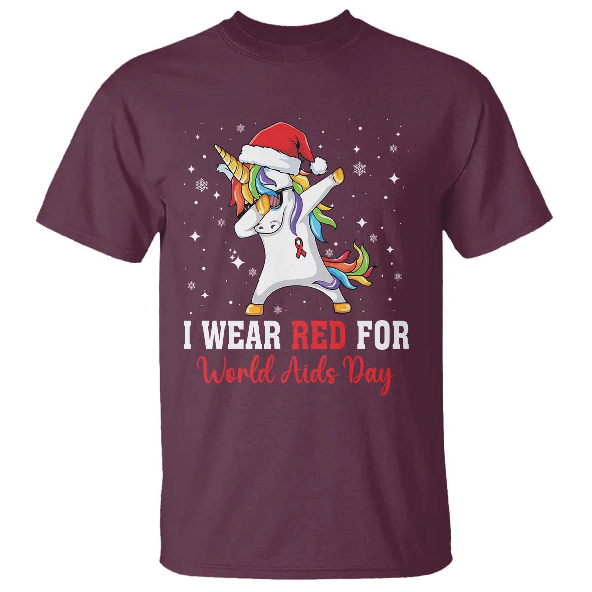 I Wear Red For World AIDS Day T Shirt Santa Unicorn Dabbing Christmas Gift TS12 Maroon Print Your Wear