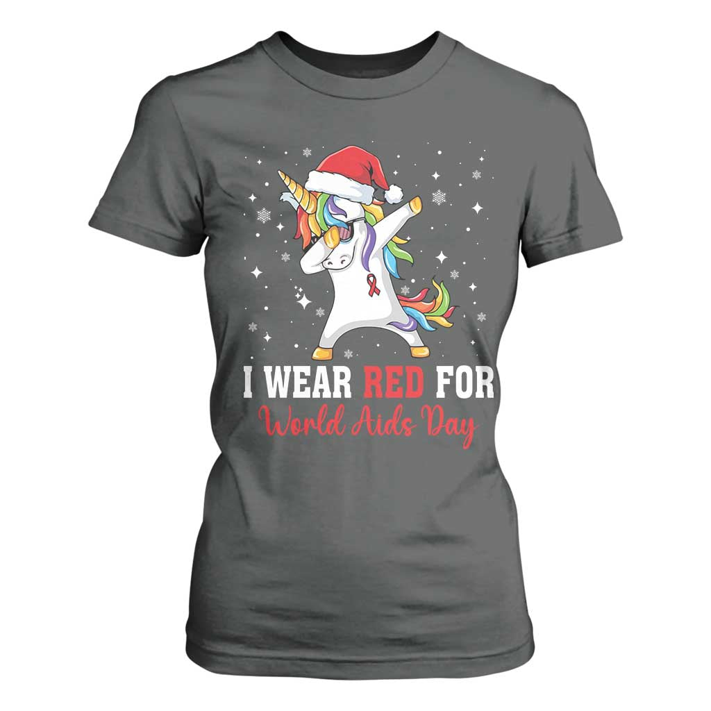 I Wear Red For World AIDS Day T Shirt For Women Santa Unicorn Dabbing Christmas Gift TS12 Dark Heather Print Your Wear