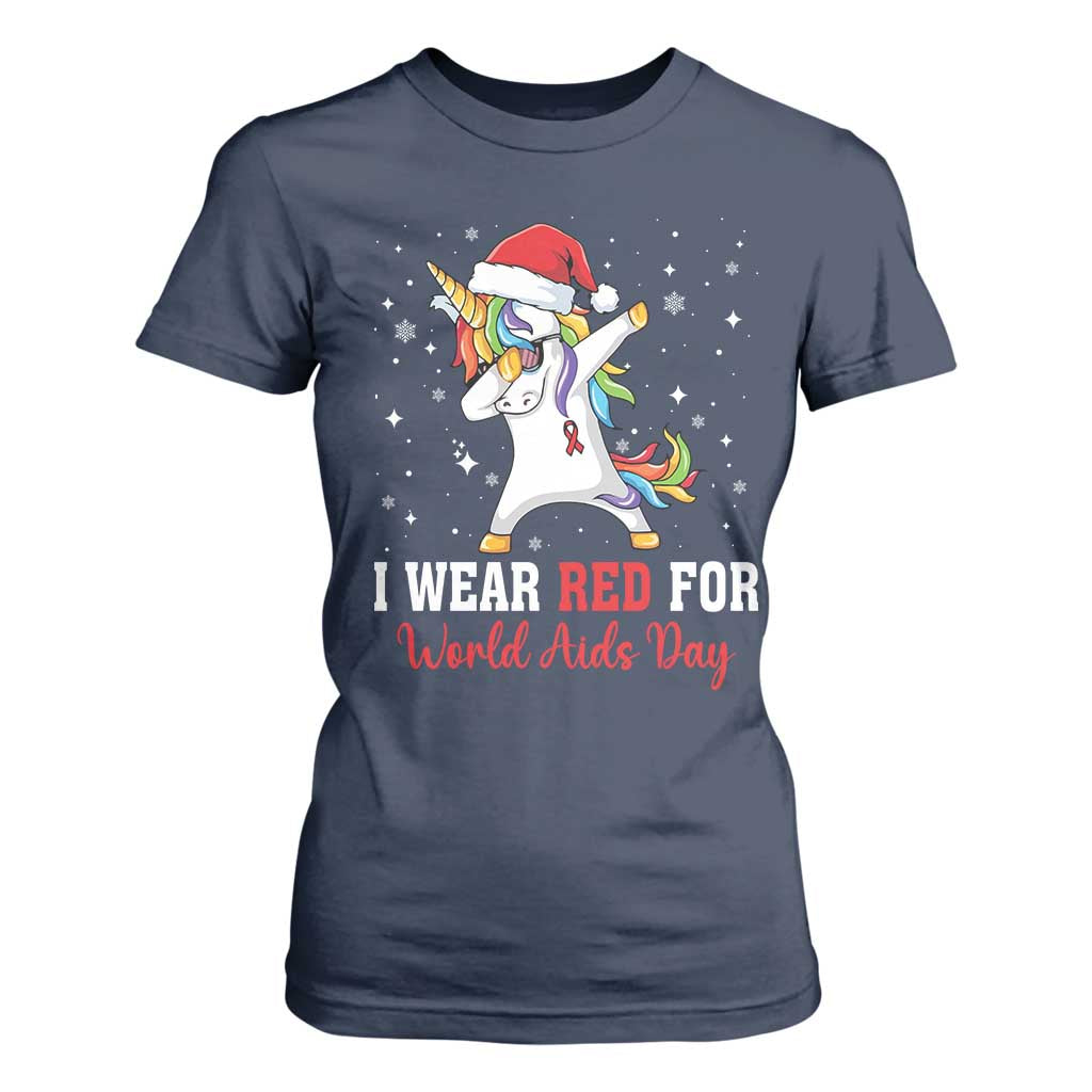 I Wear Red For World AIDS Day T Shirt For Women Santa Unicorn Dabbing Christmas Gift TS12 Navy Print Your Wear
