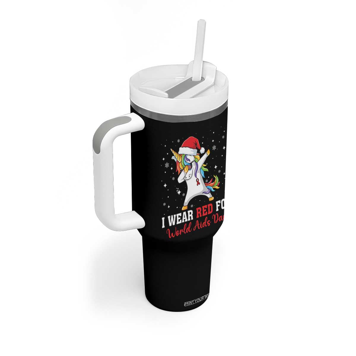I Wear Red For World AIDS Day Tumbler With Handle Santa Unicorn Dabbing Christmas Gift TS12 Print Your Wear