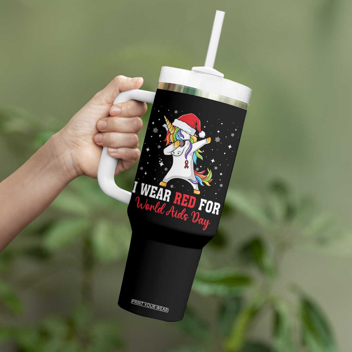 I Wear Red For World AIDS Day Tumbler With Handle Santa Unicorn Dabbing Christmas Gift TS12 Print Your Wear